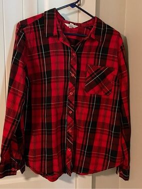 Red and Black Plaid Button-Up Shirt Time and Tru